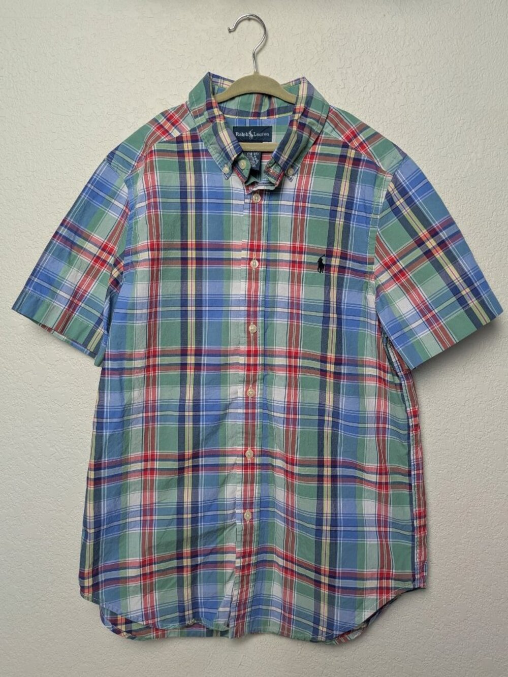 Ralph Lauren Boys Plaid Short Sleeve Button Doen Shirt Size L 14-16